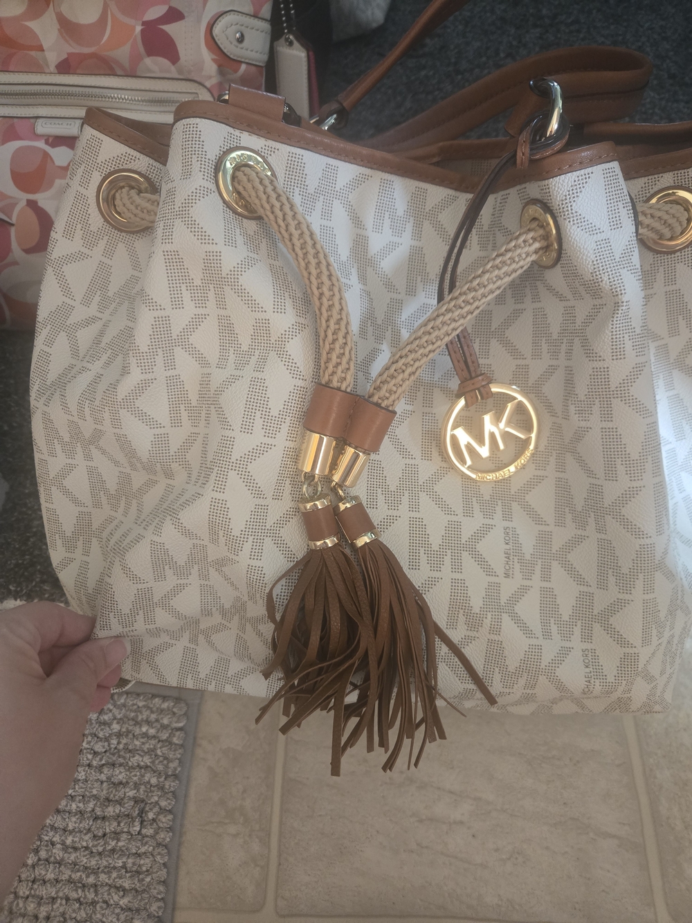 Michael Kors White & Tan Monogram Drawstring Tote